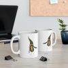 two White ceramic coffee mugs with a watercolor painting of a whimsical crow called Bubba