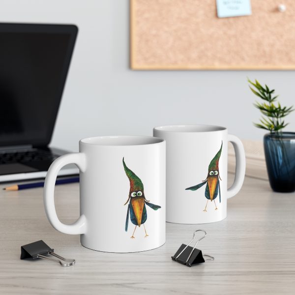 two White ceramic coffee mugs with a watercolor painting of a whimsical crow called Bubba