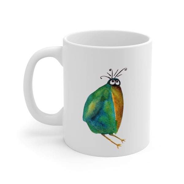 White ceramic coffee mug with a watercolor painting of a whimsical crow called Screech