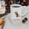 white ceramic coffee mugs with a watercolor painting of a startled fruit fly the mug is on a table with chesnuts