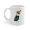 White ceramic coffee mug with a watercolor painting of a whimsical crow called Squawk