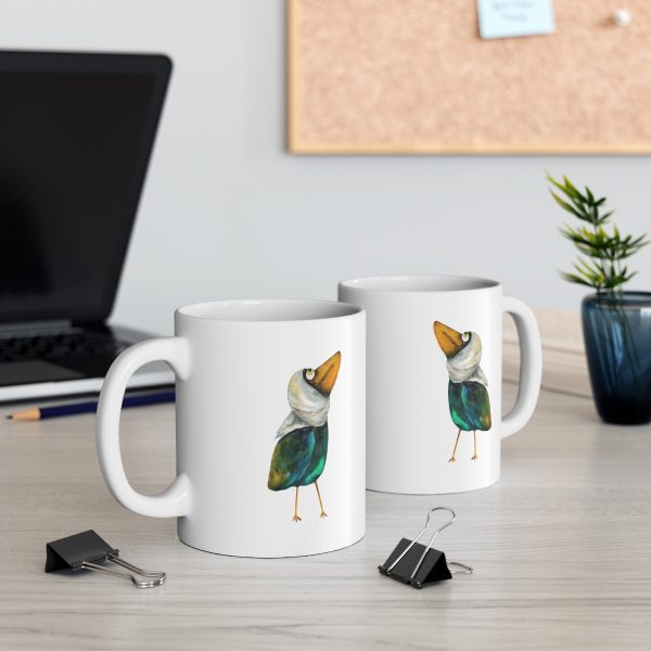 two White ceramic coffee mugs with a watercolor painting of a whimsical crow called Squawk