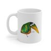 White ceramic coffee mug with a watercolor painting of a whimsical crow called Poppy