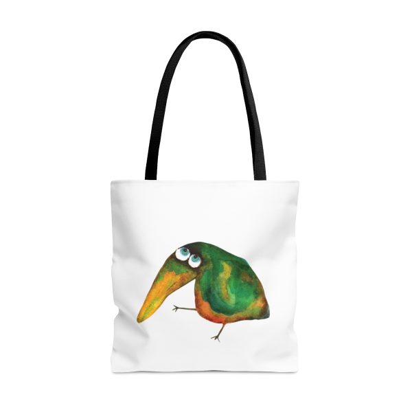 white polyester tote bag featuring a watercolor illustration of a whimsical crow