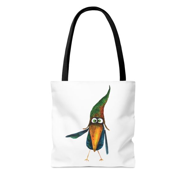 White Tote Bag with watercolor painting of a whimsical crow called Bubba