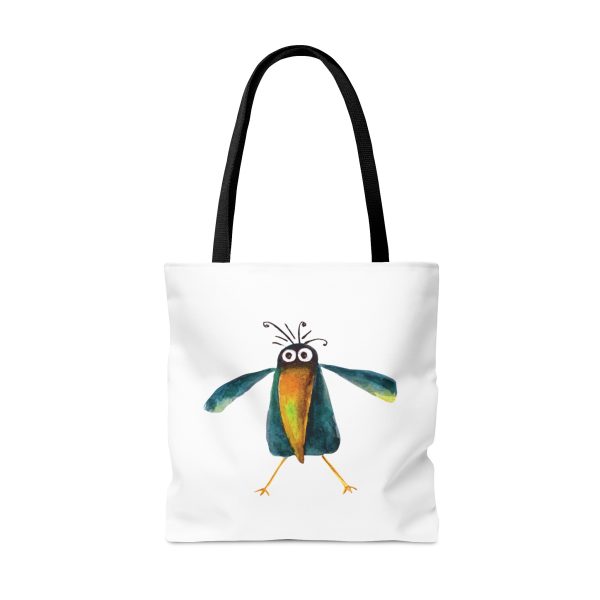 White polyester tote bag featuring a whimsical watercolor painting of a crow the bag is